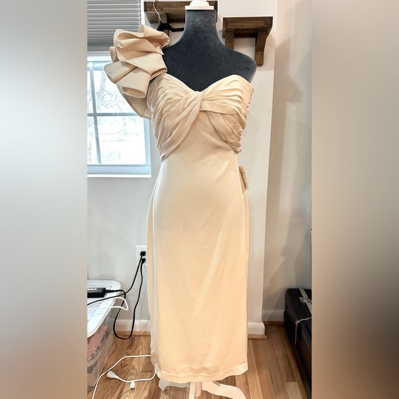 NWT Johanna Ortiz Silk Strapless Detachable One Ruffle Shoulder Cream Dress 8 - Picture 4 of 15
